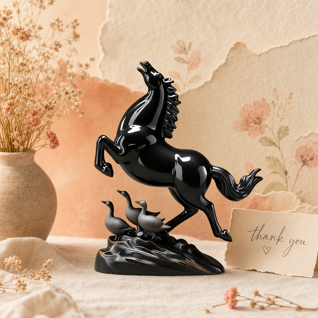 Oriental Galloping Black Horse Figurine