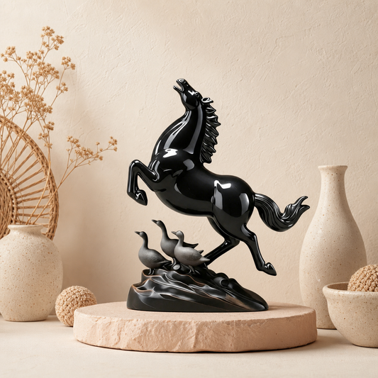 Oriental Galloping Black Horse Figurine