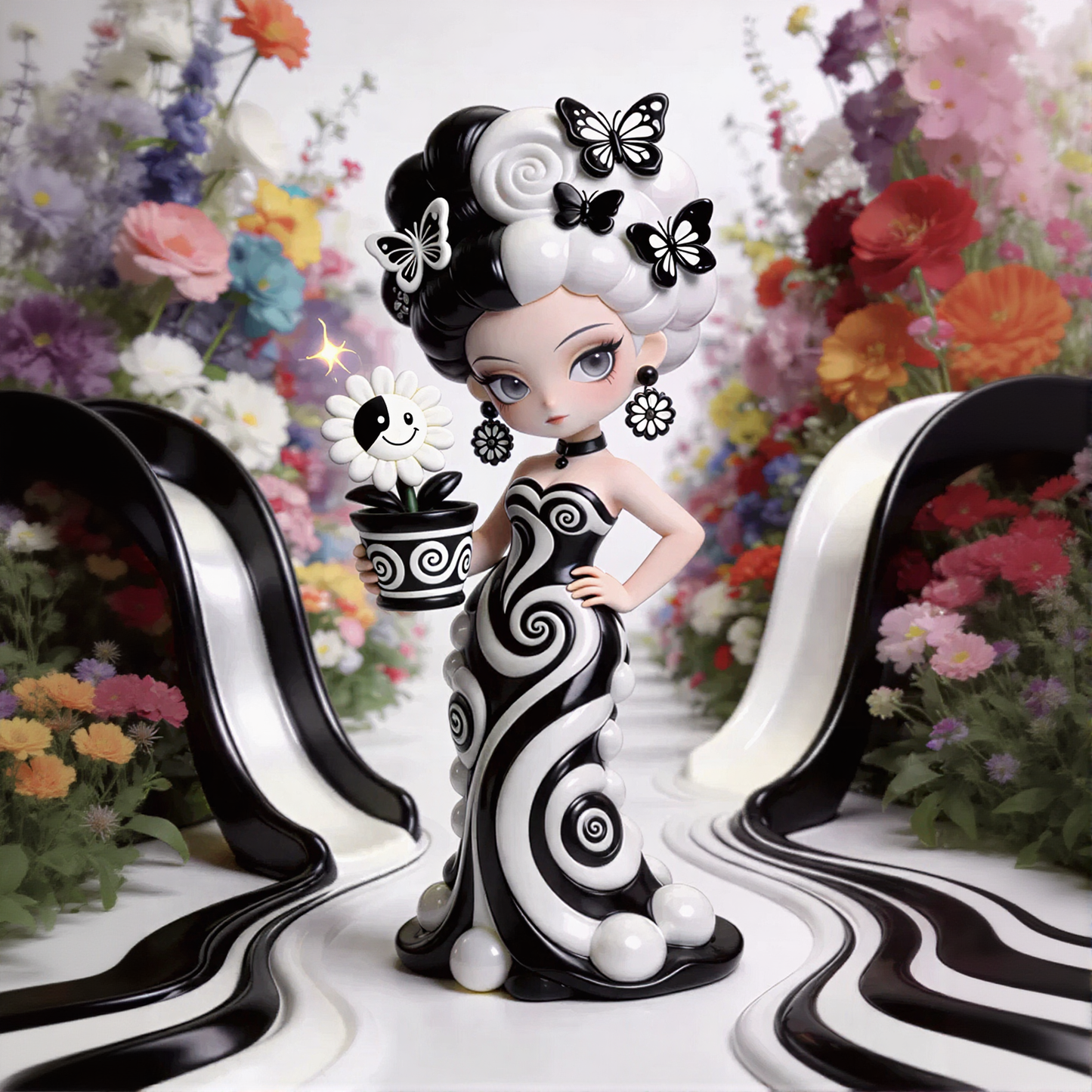 Black and White Butterfly Dance Beauty Figurines