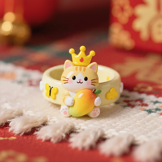 Crown Cute Cat Holding A Mango Rings