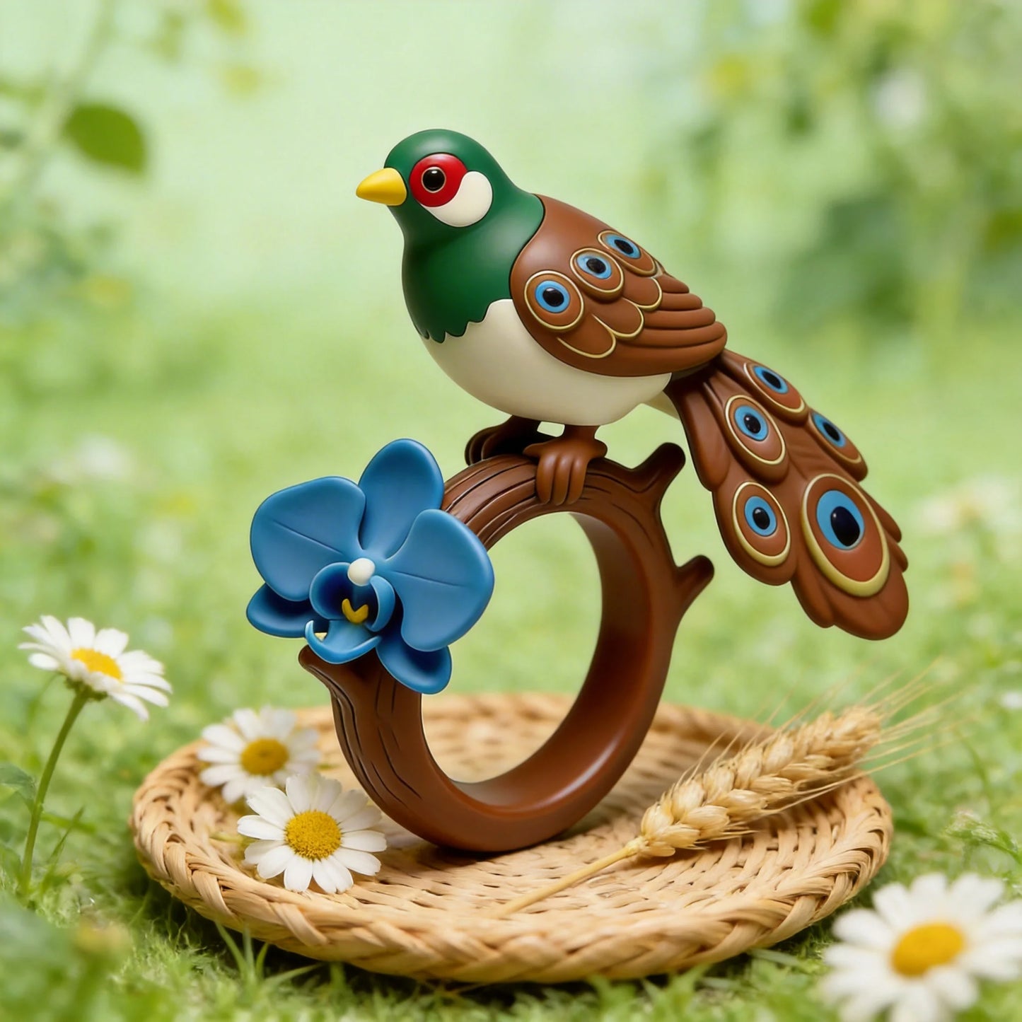 Colorful Feather Blue Flower Rings