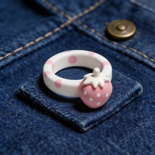 Pink White Polka Dot Strawberry Ring