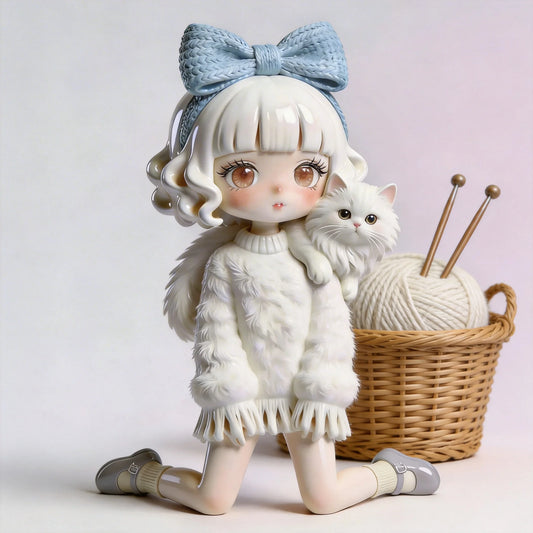 Cute Girl with White Cat Figurine