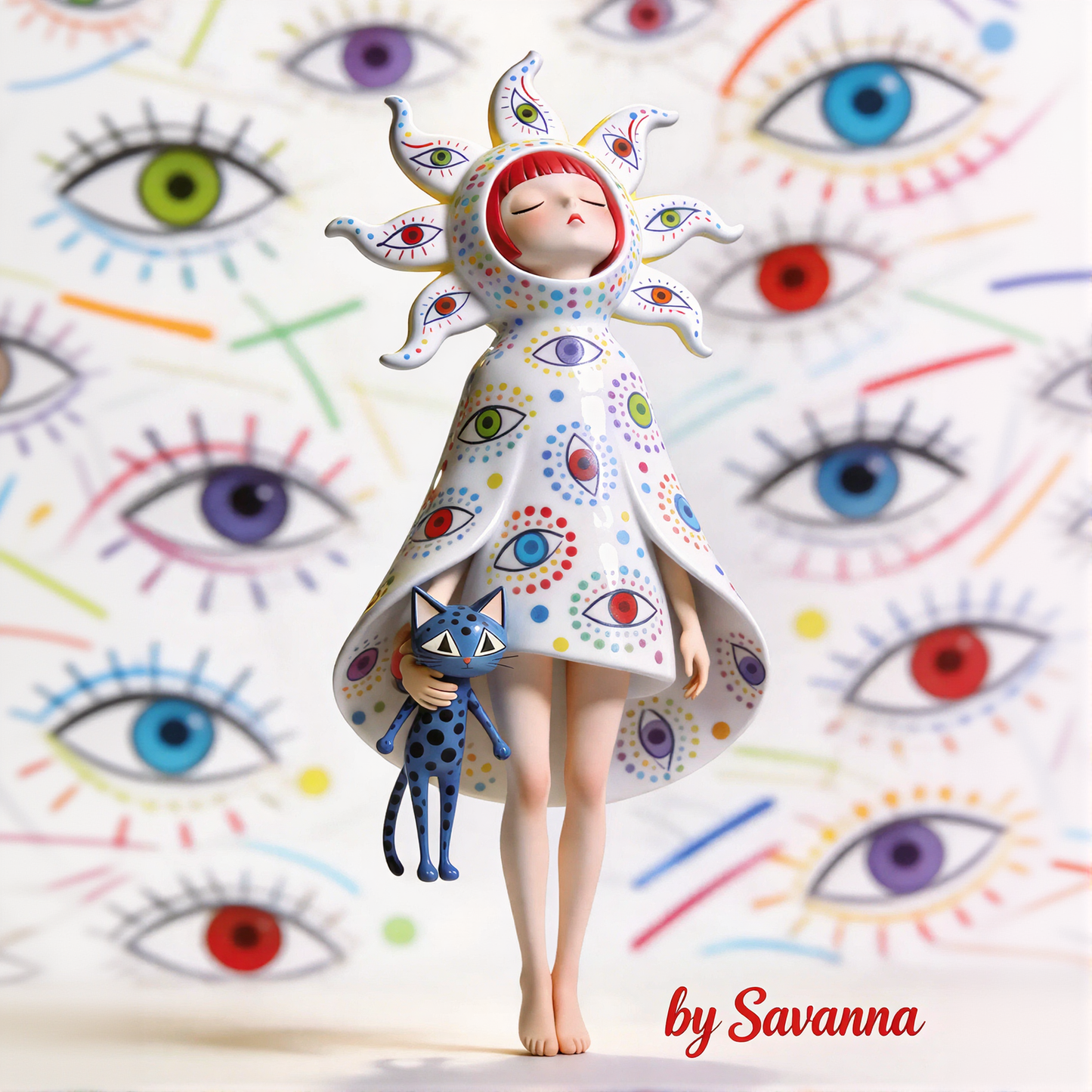 Eye Pattern Girl & Cat Figurine