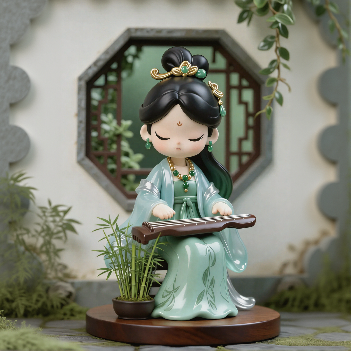 Ancient Beauty Playing Qin Figurine