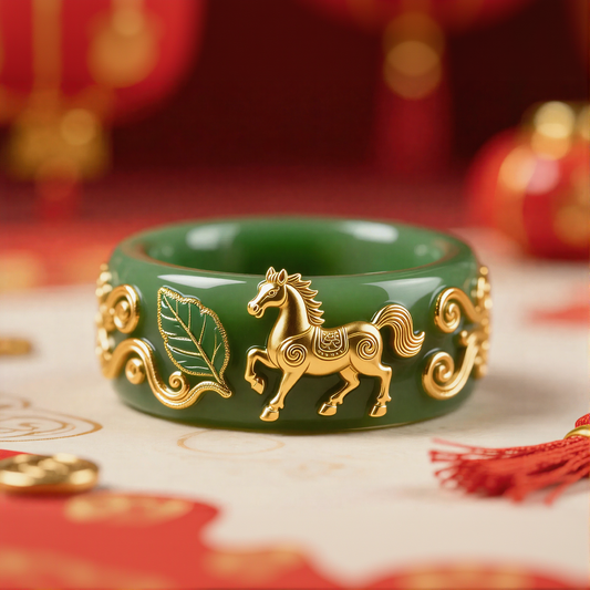 Golden Horse Green Leaf Ring