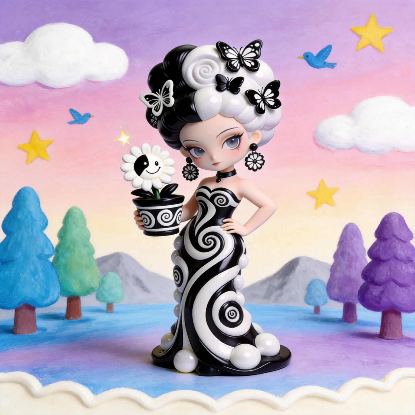 Black and White Butterfly Dance Beauty Figurines