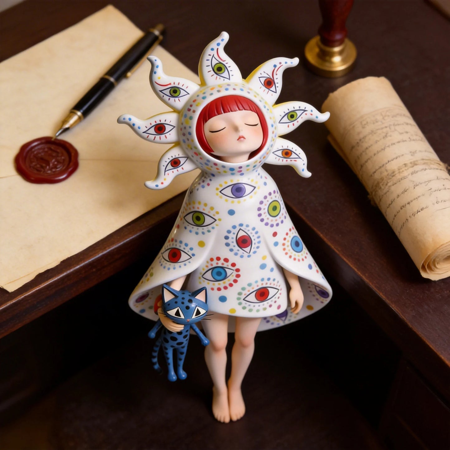 Eye Pattern Girl & Cat Figurine