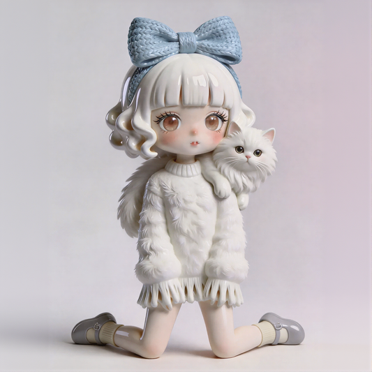 Cute Girl with White Cat Figurine