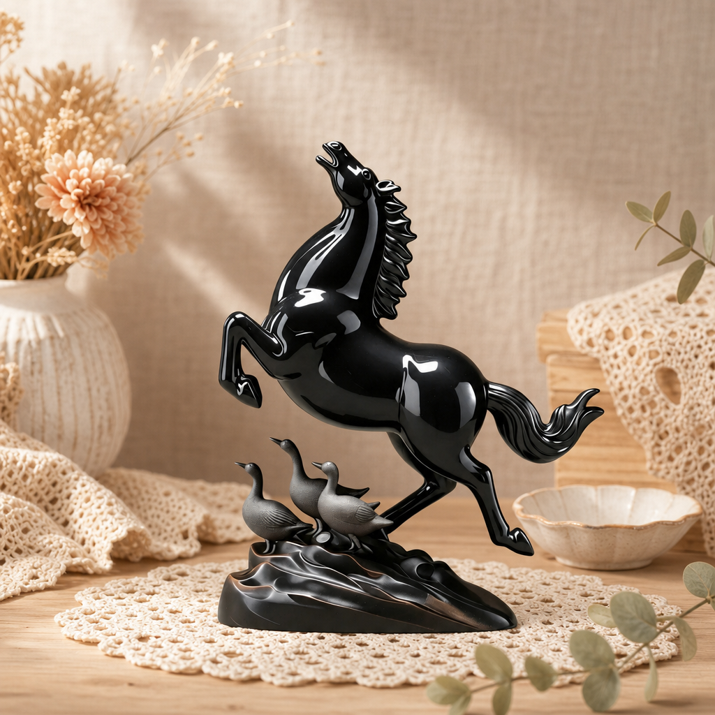 Oriental Galloping Black Horse Figurine